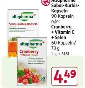 Rossmann Altapharma sabal-kürbis-kapseln oder cranberry + vitamin c + selen Angebot