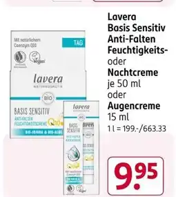 Rossmann Lavera basis sensitiv anti-falten feuchtigkeits- oder nachtcreme oder augencreme Angebot