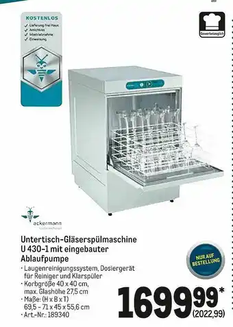 METRO Ackermann Untertisch-gläserspülmaschine U 430-1 Mit Eingebauter Ablaufpumpe Angebot