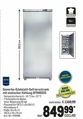 METRO Metro Gewerbe-edelstahl-gefrierchrank Mit Statischer Kühlung Gfr4600s Angebot