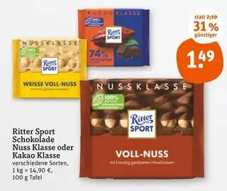 tegut Ritter sport schokolade nuss klasse oder kakao klasse Angebot