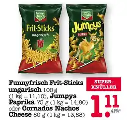 E-Center Funnyfrisch frit-sticks ungarisch oder jumpys paprika oder cornados nachos cheese Angebot