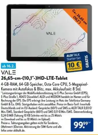 Aldi Süd VALE 26,65-cm-(10,1"-)HD-LTE-Tablet Angebot