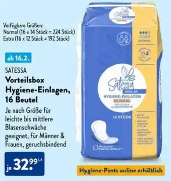 Aldi Süd SATESSA Vorteilsbox Hygiene-Einlagen, 16 Beutel Angebot