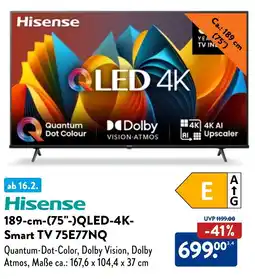 Aldi Nord Hisense 189-cm-(75"-)QLED-4K- Smart TV 75E77NQ Angebot