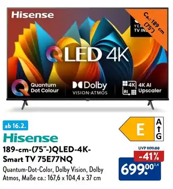 Aldi Nord Hisense 189-cm-(75"-)QLED-4K- Smart TV 75E77NQ Angebot