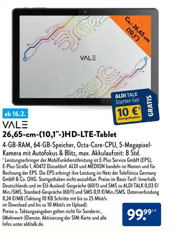 Aldi Nord VALE 26,65-cm-(10,1"-)HD-LTE-Tablet Angebot