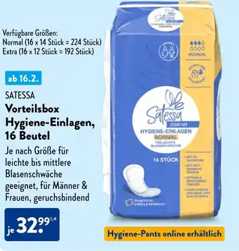 Aldi Nord SATESSA Vorteilsbox Hygiene-Einlagen, 16 Beutel Angebot