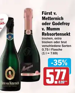 Hit Fürst v. Metternich oder Godefroy v. Mumm Rebsortensekt Angebot