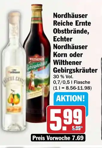 Hit Nordhäuser Reiche Ernte Obstbrände, Echter Korn oder Wilthener Gebirgskräuter Angebot