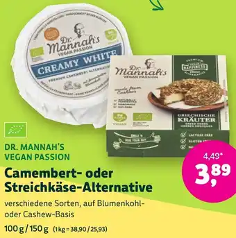 Biomarkt DR. MANNAH'S VEGAN PASSION Camembert oder Streichkäse-Alternative Angebot