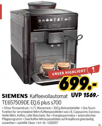 MEDIMAX SIEMENS Kaffeevollautomat UVP 1569.- TE657509DE EQ.6 plus s700 Angebot