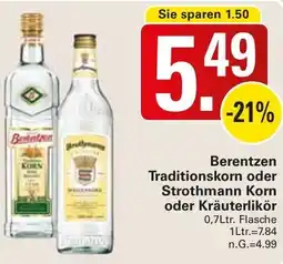 WEZ Berentzen Traditionskorn oder Strothmann Korn oder Kräuterlikör Angebot