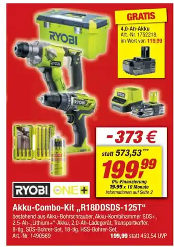 toom Baumarkt RYOBI ONE+ Akku-Combo-Kit,,R18DDSDS-125T" Angebot