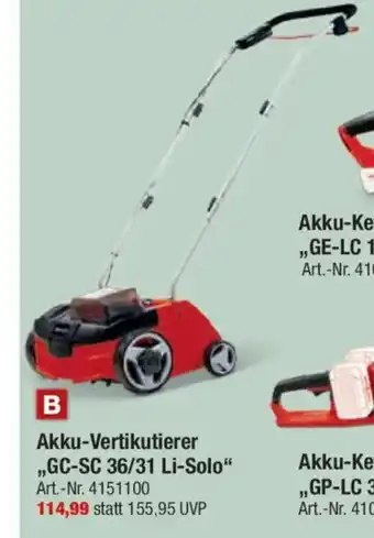 toom Baumarkt Einhell Akku-Vertikutierer ,,GC-SC 36/31 Li-Solo" Art.-Nr. 4151100 Angebot