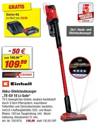 toom Baumarkt Einhell Akku-Stielstaubsauger ,,TE-SV 18 Li-Solo" Angebot