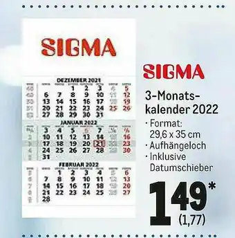 METRO Sigma 3-monatskalender 2022 Angebot