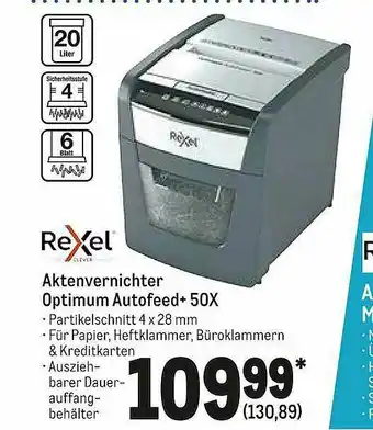 METRO Rexel Aktenvernichter Optimum Autofeed+ 50x Angebot