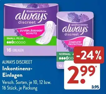 Aldi Süd ALWAYS DISCREET Inkontinenz- Einlagen Angebot