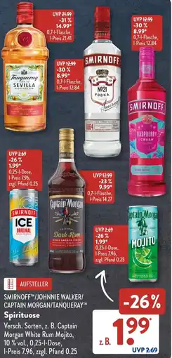 Aldi Süd SMIRNOFFTM/JOHNNIE WALKER/ CAPTAIN MORGAN/TANQUERAY Spirituose Angebot