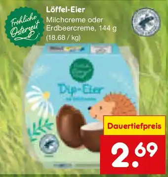 Netto Marken-Discount Fröhliche Löffel-Eier Milchcreme oder Erdbeercreme Angebot