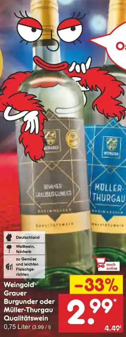 Netto Marken-Discount Weingold Grauer Burgunder oder Müller-Thurgau Qualitätswein Angebot