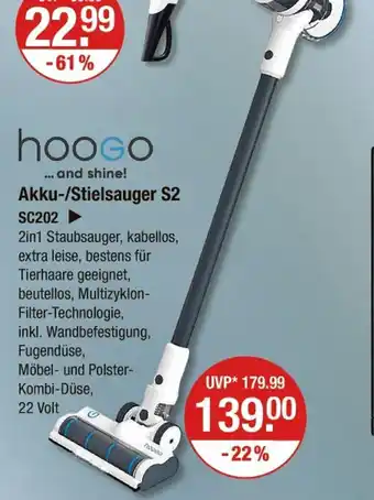 V Markt Hoogo akku-/stielsauger s2 sc202 Angebot