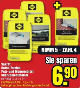 B1 Discount Baumarkt Sakret Beton-Estrich, Putz-und Mauermörtel oder Zementmörtel Angebot