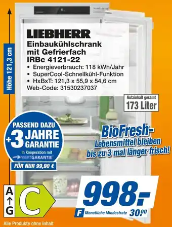 expert Techno Land LIEBHERR Einbaukühlschrank mit Gefrierfach IRBC 4121-22 Angebot