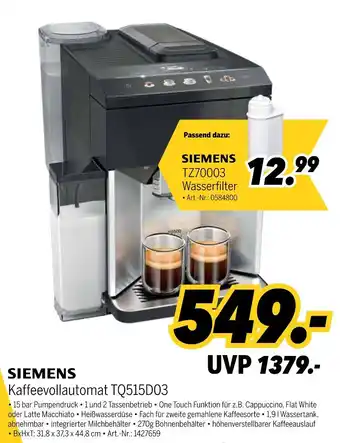 MEDIMAX Siemens kaffeevollautomat tq515d03 oder wasserfilter tz70003 Angebot