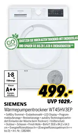 MEDIMAX SIEMENS Wärmepumpentrockner WT45HV3EP Angebot