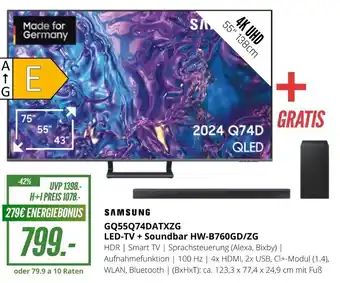 Hirsch und Ille SAMSUNG GQ55Q74DATXZG LED-TV + Soundbar HW-B760GD/ZG Angebot