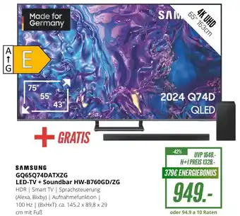 Hirsch und Ille SAMSUNG GQ65Q74DATXZG LED-TV + Soundbar HW-B760GD/ZG Angebot