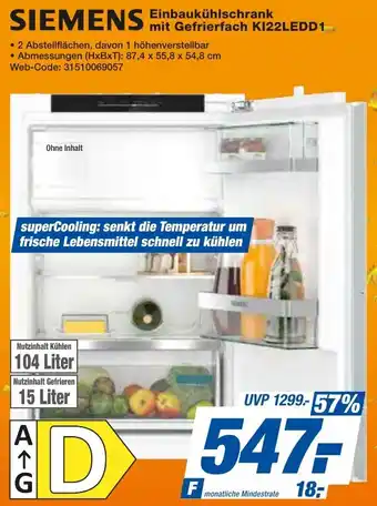 HEM Expert SIEMENS Einbaukühlschrank mit Gefrierfach KI22LEDD1 Angebot