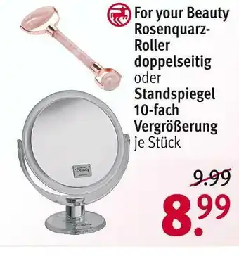 Rossmann For your beauty rosenquarz-roller doppelseitig oder standspiegel 10-fach vergrößerung Angebot