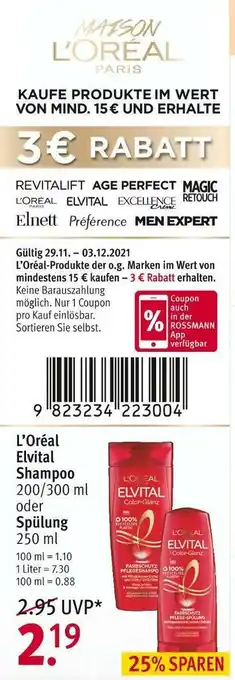 Rossmann L’oréal elvital shampoo oder spülung Angebot