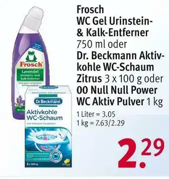 Rossmann Frosch oder dr. beckmann wc gel urinstein- & kalk-entferner, aktivkohle wc-schaum zitrus oder null null power wc aktiv pulver Angebot