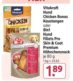 Rossmann Vitakraft hund chicken bonas kaustangen oder hund fillets pro skin & coat premium hähnchensnack Angebot