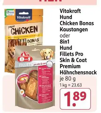 Rossmann Vitakraft hund chicken bonas kaustangen oder hund fillets pro skin & coat premium hähnchensnack Angebot