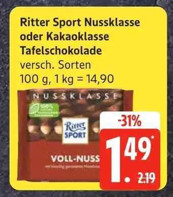 Edeka Ritter sport nussklasse oder kakaoklasse tafelschokolade Angebot