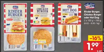 Netto Marken-Discount American style rinder burger, chicken burger oder hot dog Angebot