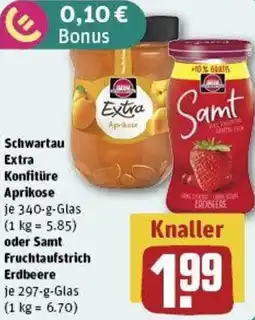 REWE Schwartau Extra Konfitüre Aprikose oder Samt Fruchtaufstrich Erdbeere Angebot