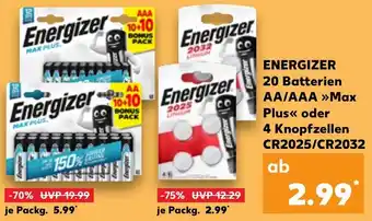 Kaufland ENERGIZER 20 Batterien AA/AAA Max Plus oder 4 Knopfzellen CR2025/CR2032 Angebot