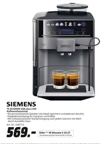 MediaMarkt Siemens te 651509de eq6 plus s100 kaffeevollautomat Angebot