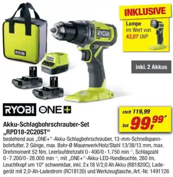 toom Baumarkt RYOBI ONE+ Akku-Schlagbohrschrauber-Set ,,RPD18-2C20ST" Angebot