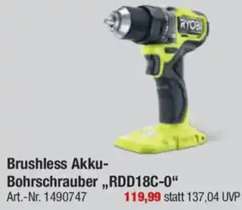 toom Baumarkt RYOBI Brushless Akku Bohrschrauber ,,RDD18C-0" Angebot