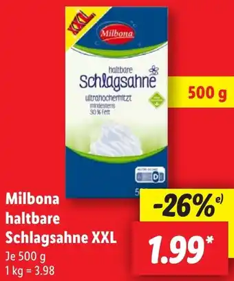 Lidl Milbona haltbare Schlagsahne XXL Angebot