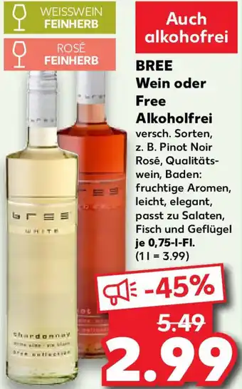 Kaufland BREE Wein oder Free Alkoholfrei Angebot