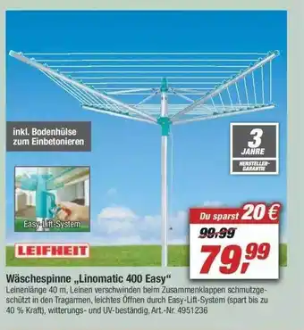 toom Baumarkt Leifheit Wäschespinne „Linomatic 400 Easy” Angebot