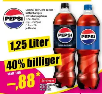 Norma PEPSI Original oder Zero Zucker- koffeinhaltiges Erfrischungsgetränk Angebot